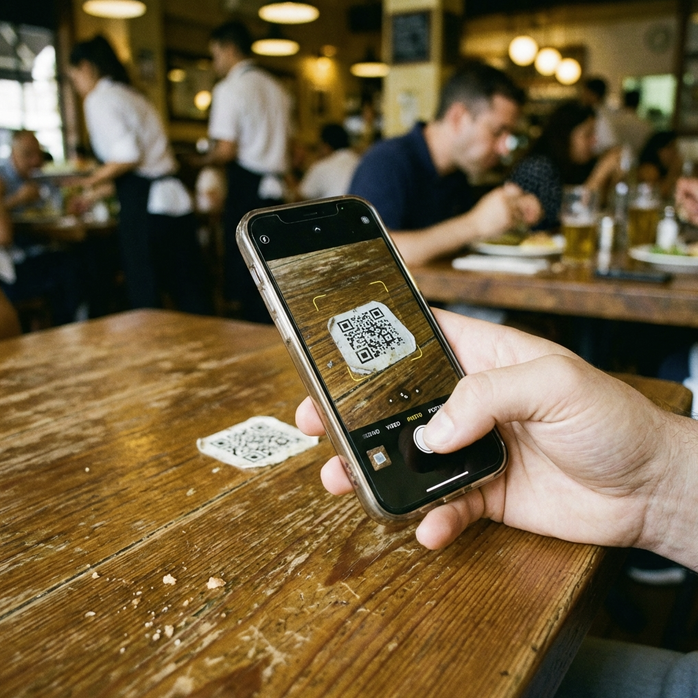 Cliente escaneando código QR en restaurante